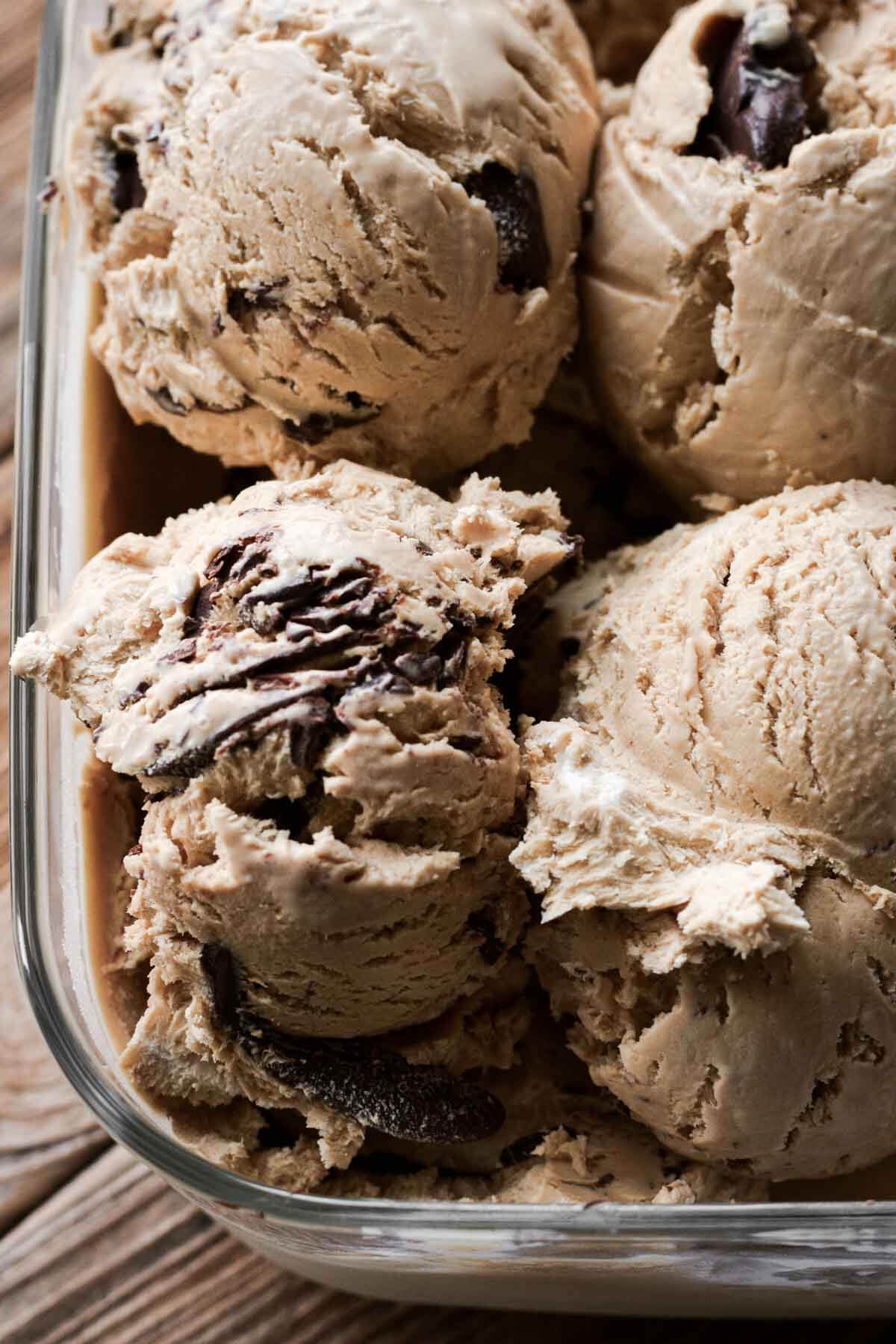 Scoops of coffee chocolate ripple ice cream.
