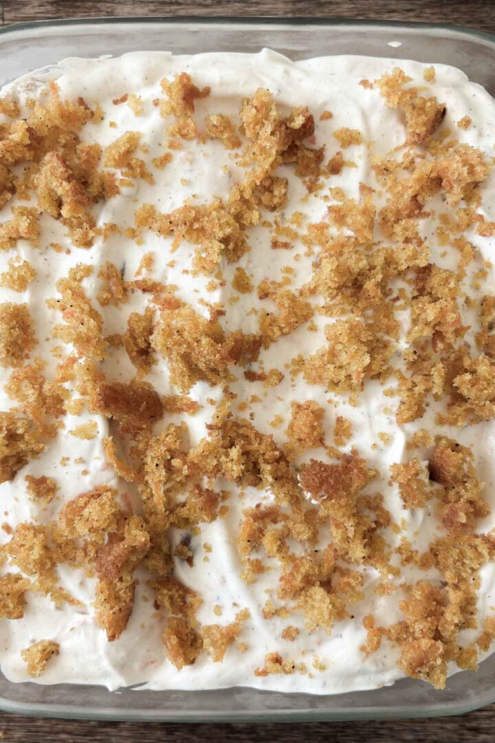 Step 8 for making carrot cake ice cream - adding crumbled cake.