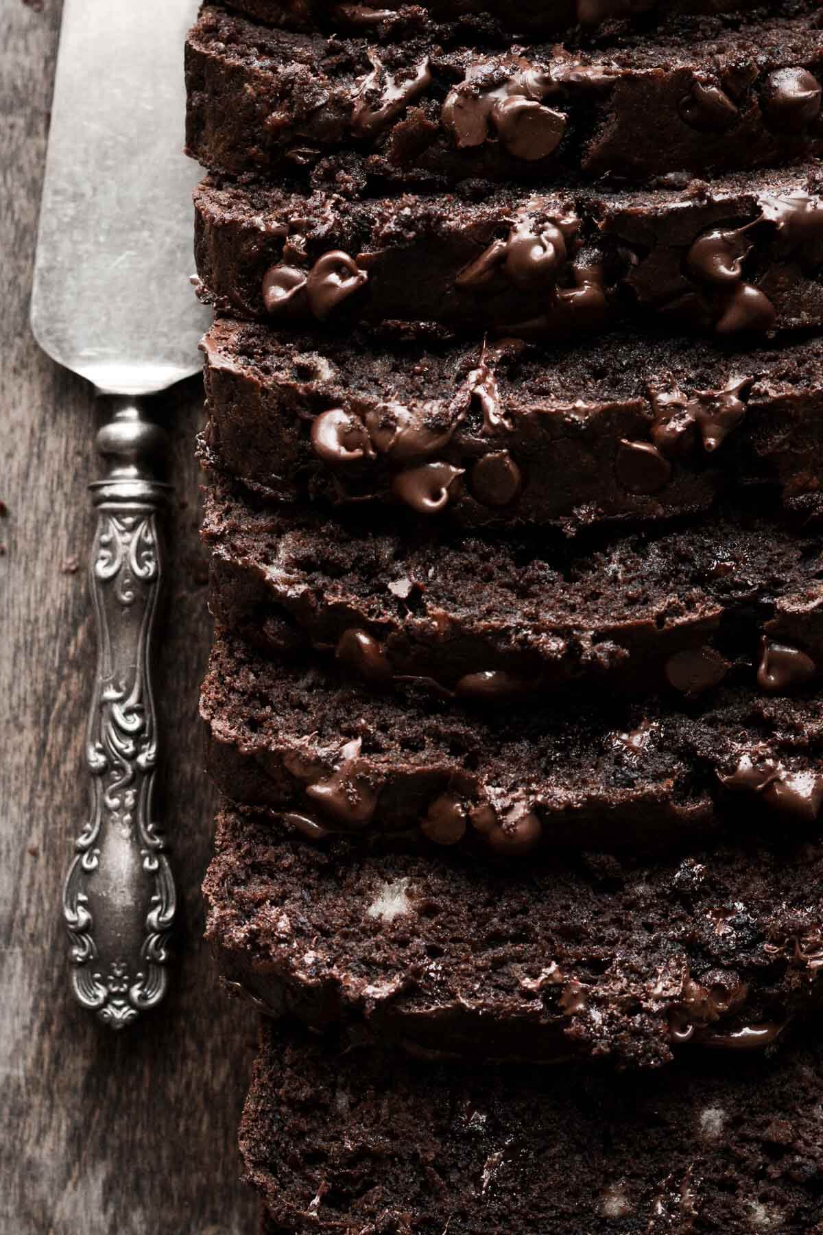 Chocolate banana bread cut into slices.