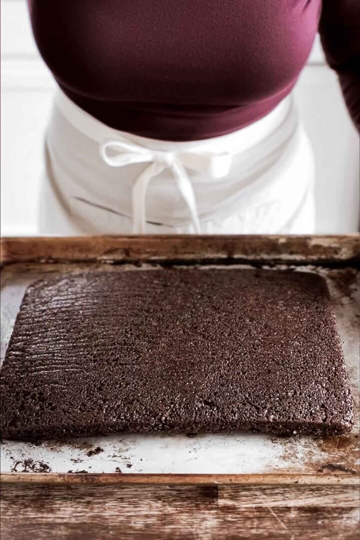 Chocolate cake on a baking sheet.