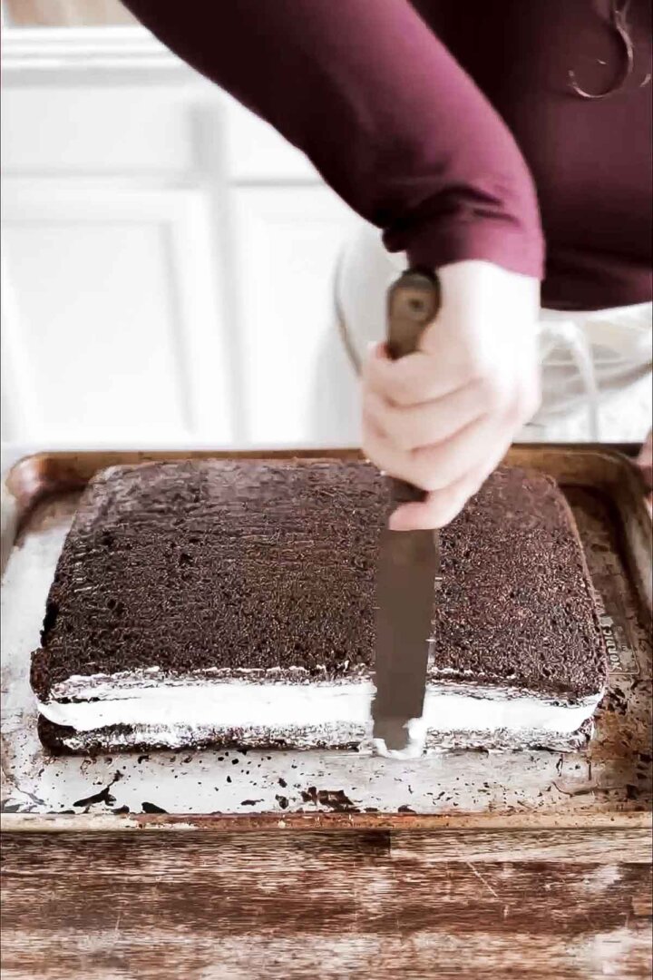 Chocolate sheet cake with vanilla buttercream filling.