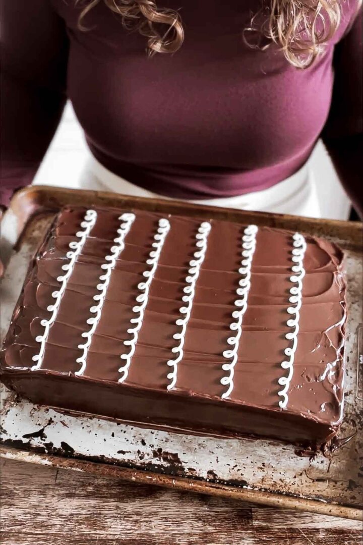 Woman holding a chocolate hostess sheet cake.