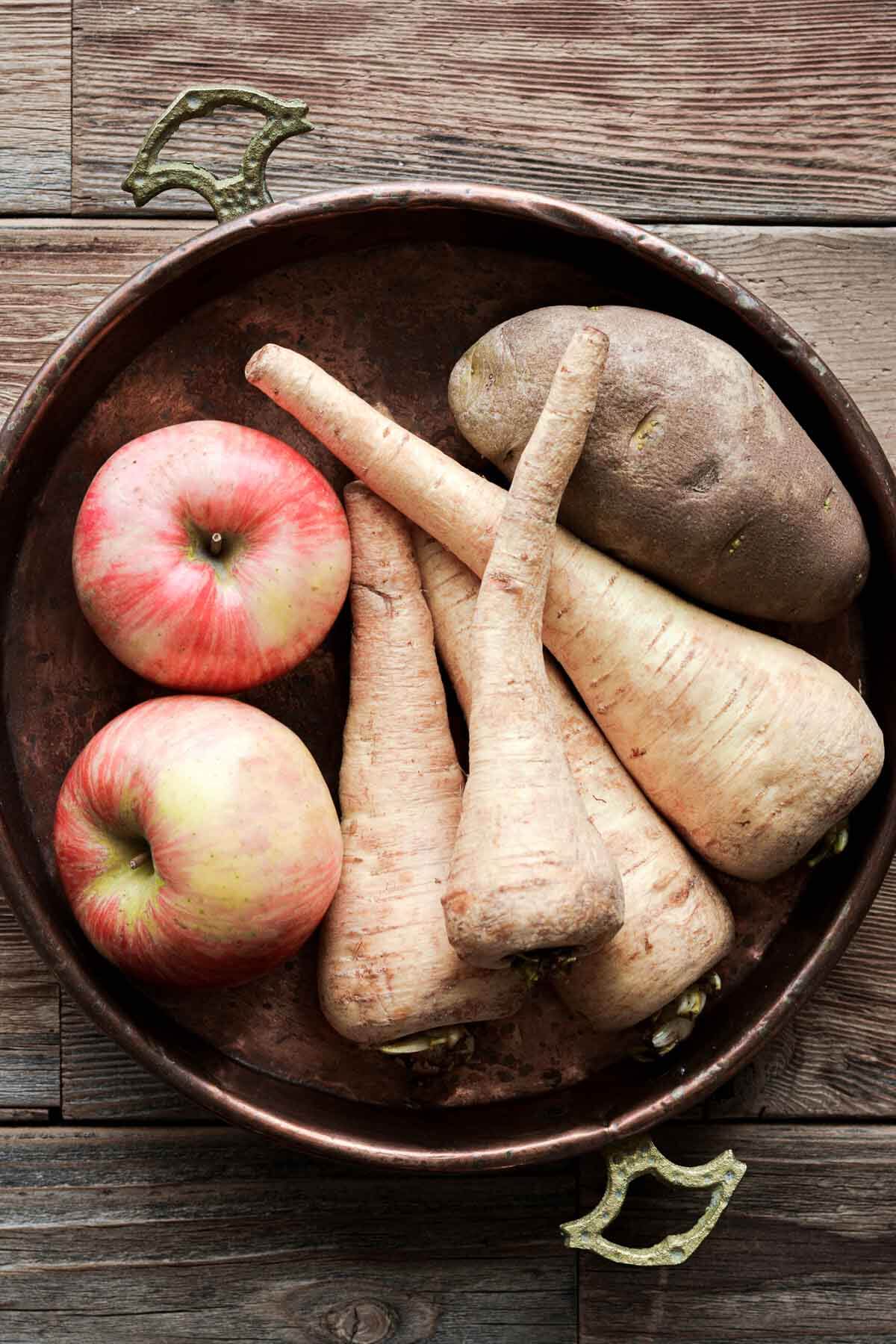 Parsnips, apples and potatoes.