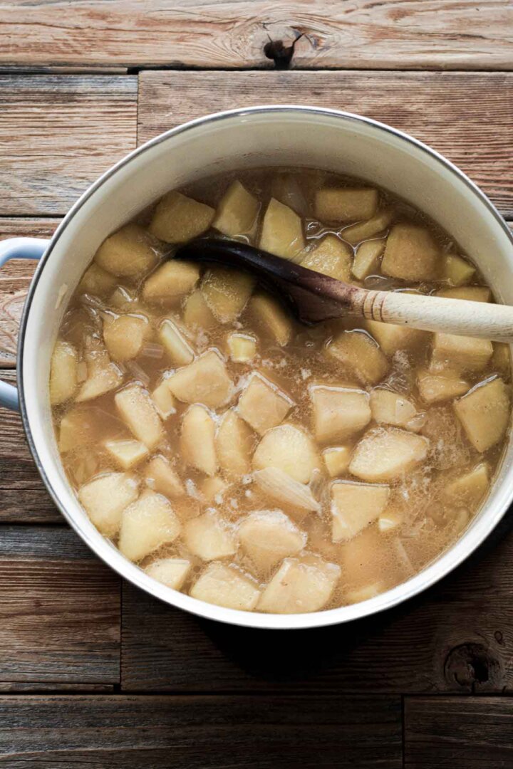 Vegetables simmered in broth.
