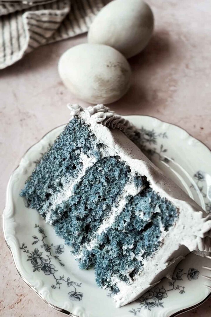 Slice of blue butterfly pea flower cake.