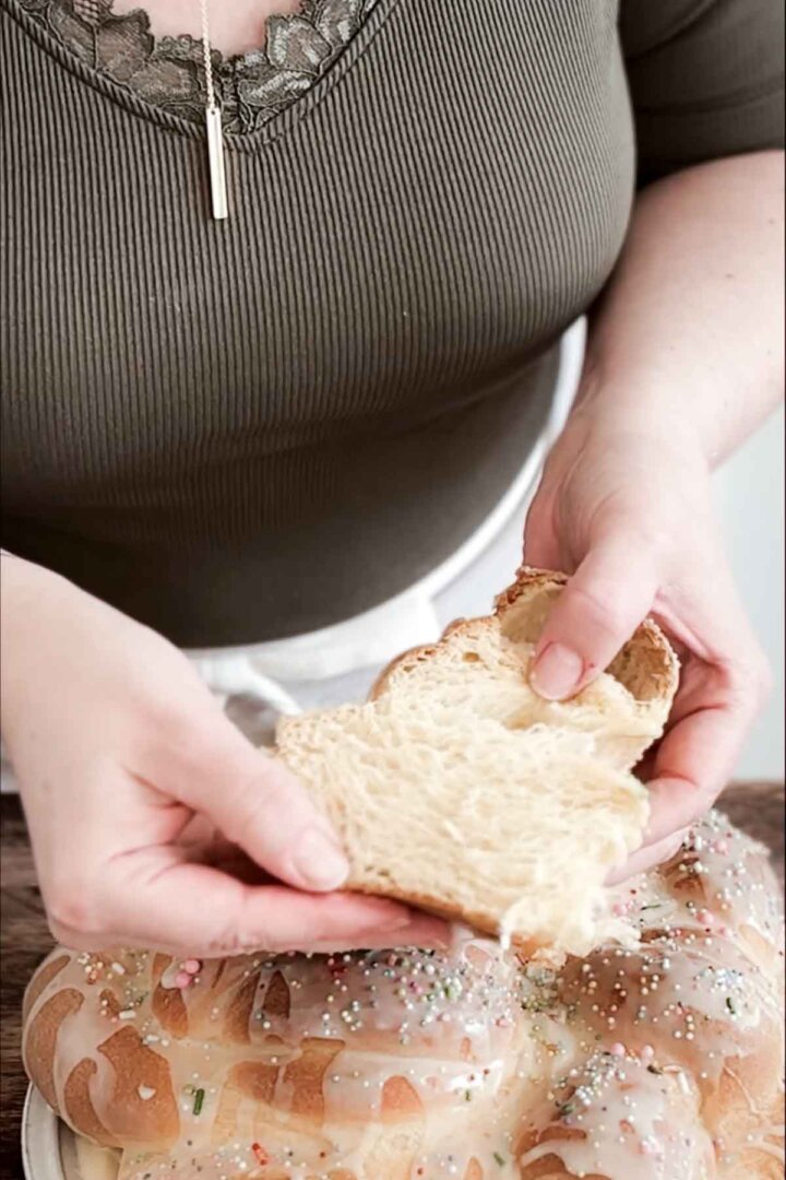 Slice of Easter bread with flaky layers.