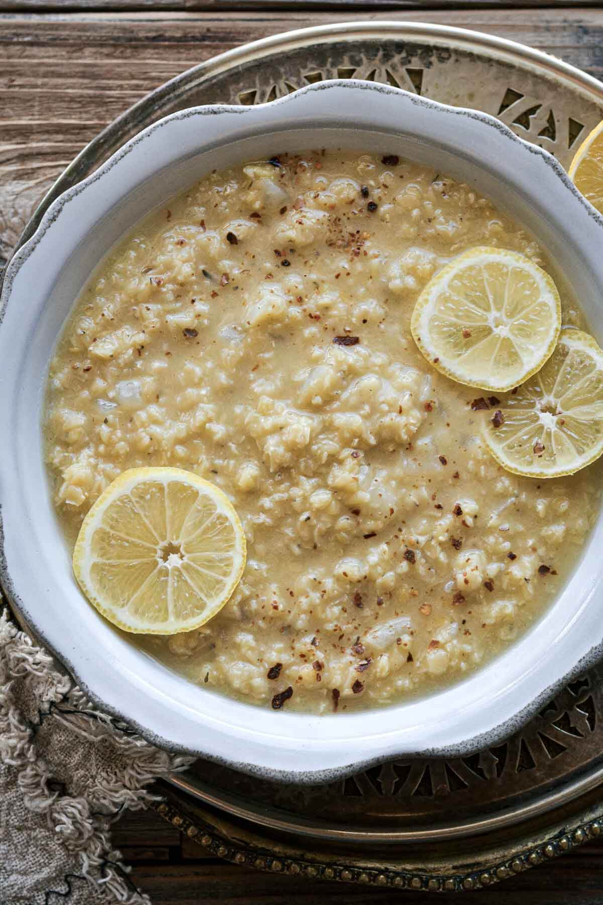 Bowl of lemon lentil soup.