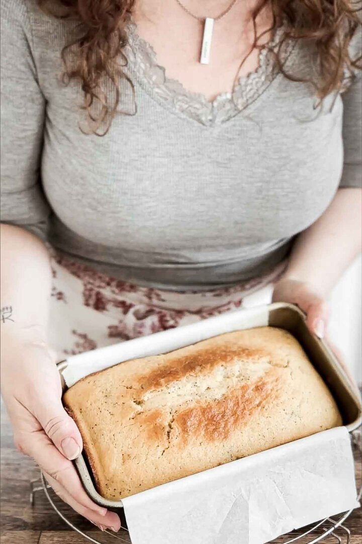 Poppy seed cake in a loaf pan.