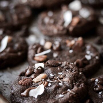 German chocolate cookies on a baking sheet.