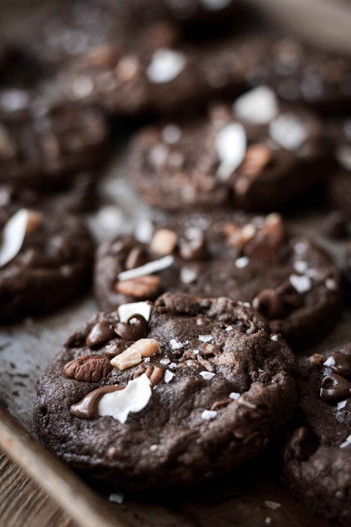 German chocolate cookies on a baking sheet.