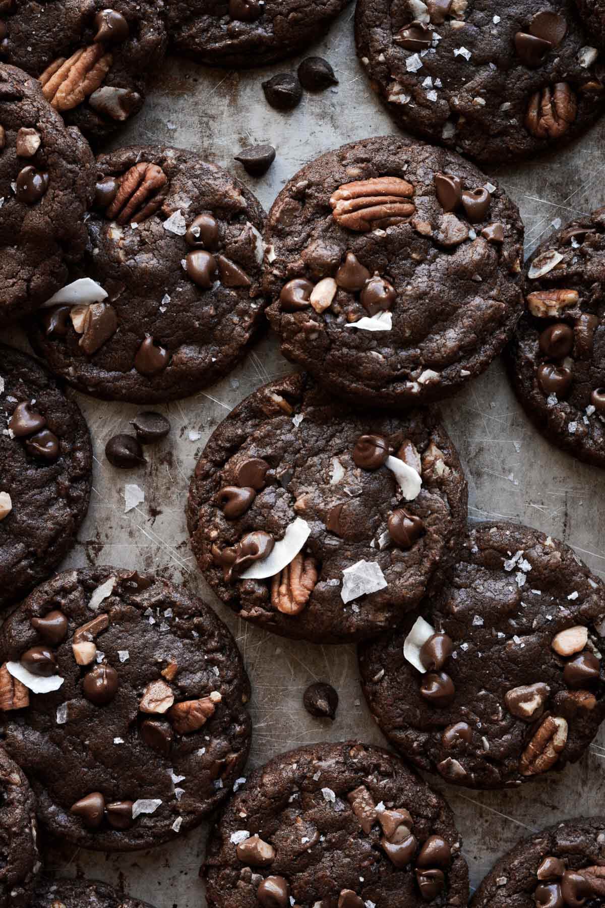 German chocolate cookies, topped with pecans, coconut, chocolate chips and toffee bits.