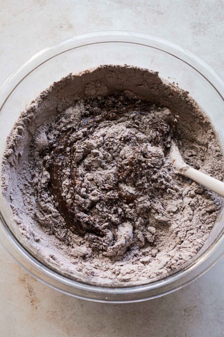 Step 4 for making German chocolate cookies: adding dry ingredients.