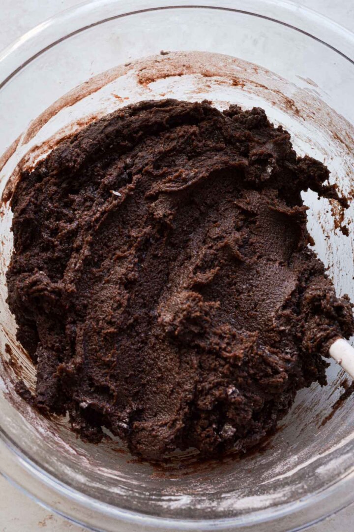 Step 5 for making German chocolate cookies: mixing the dough.