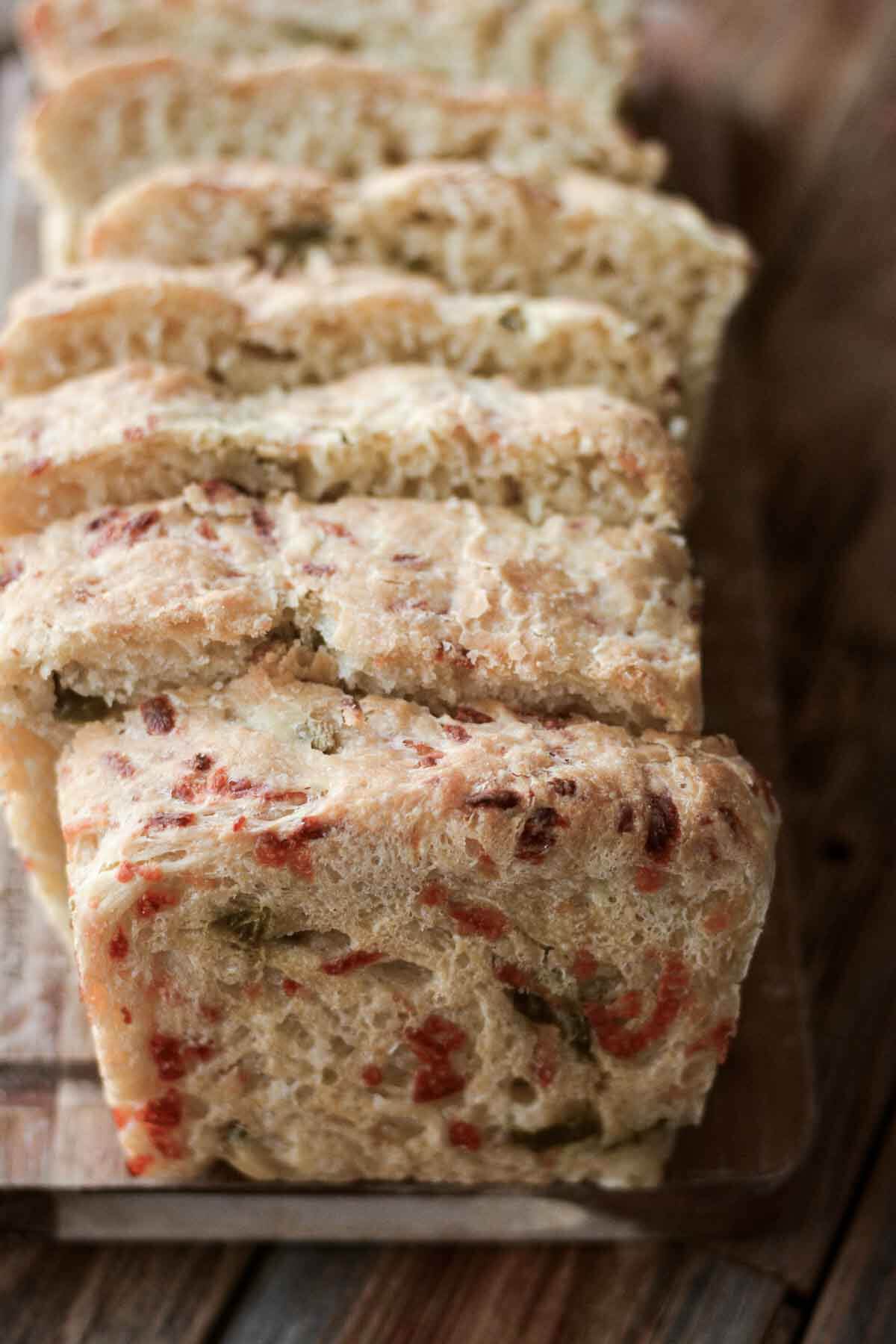 Jalapeno cheese peasant bread, sliced.