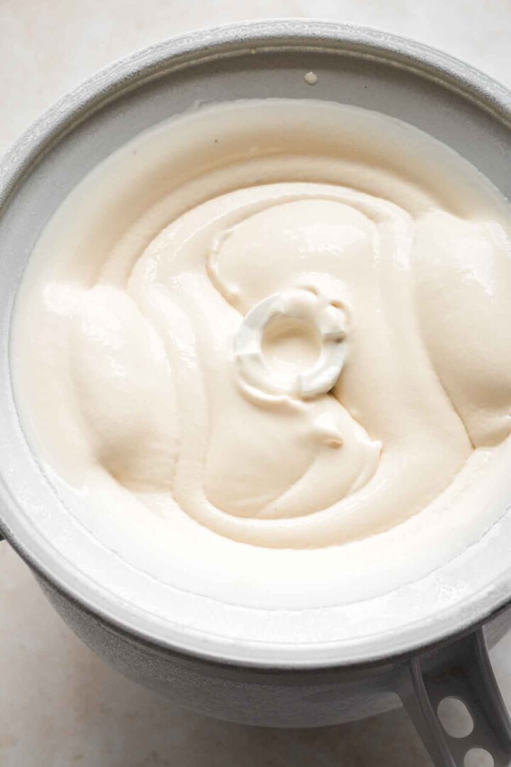 Lemon ice cream, churned in an ice cream maker.