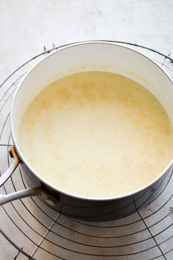 Step 2 for making lemon posset: cooked cream, sugar and lemon zest.