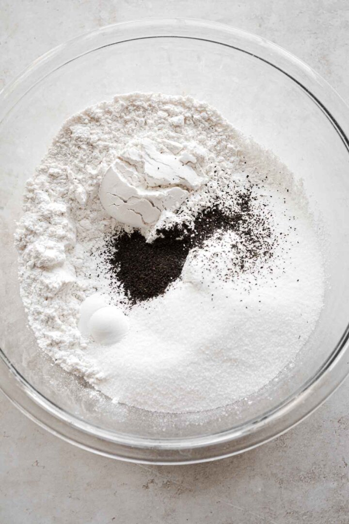 Bowl of flour, sugar and earl grey tea leaves.
