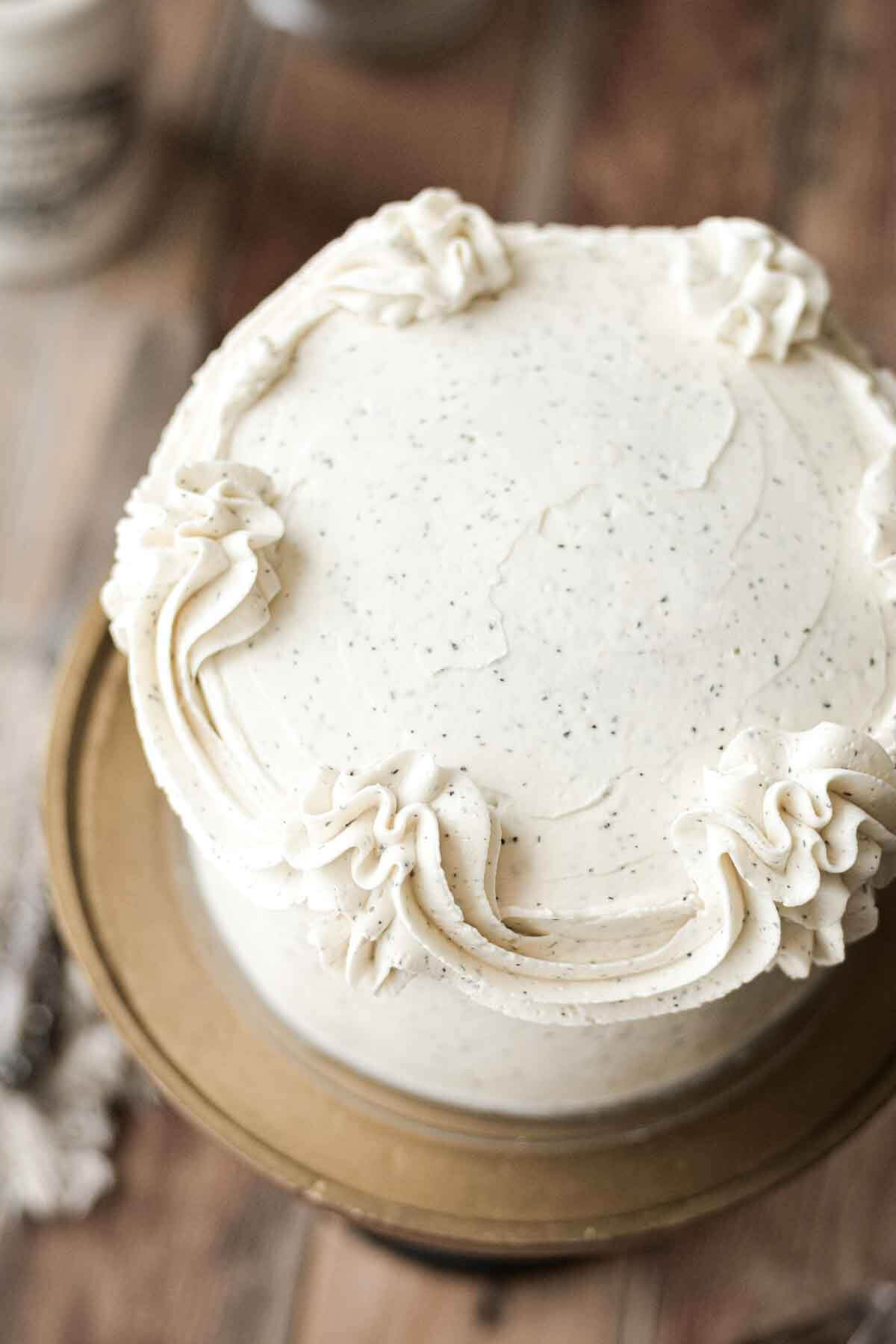 Swoops of buttercream on a London fog cake.