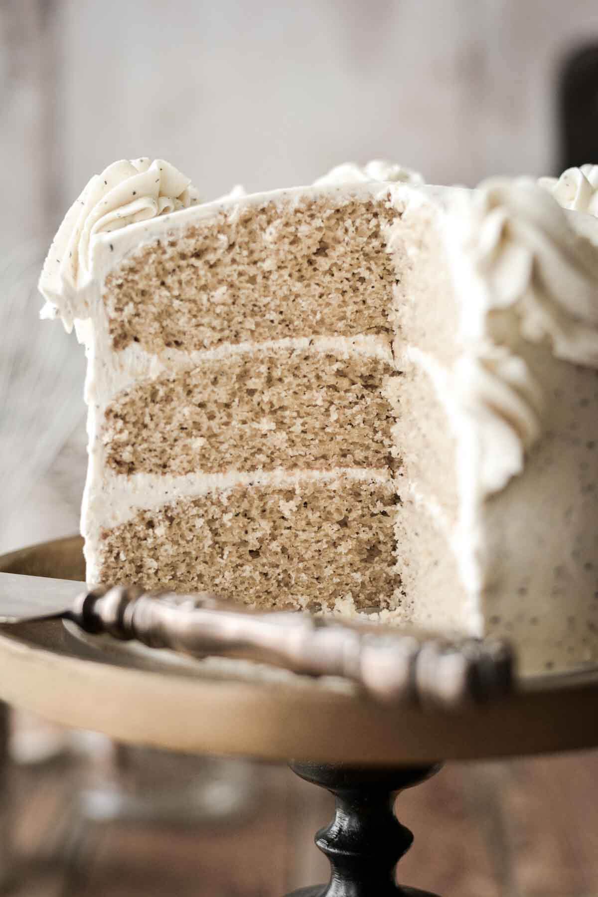 London fog layer cake, with a slice cut.