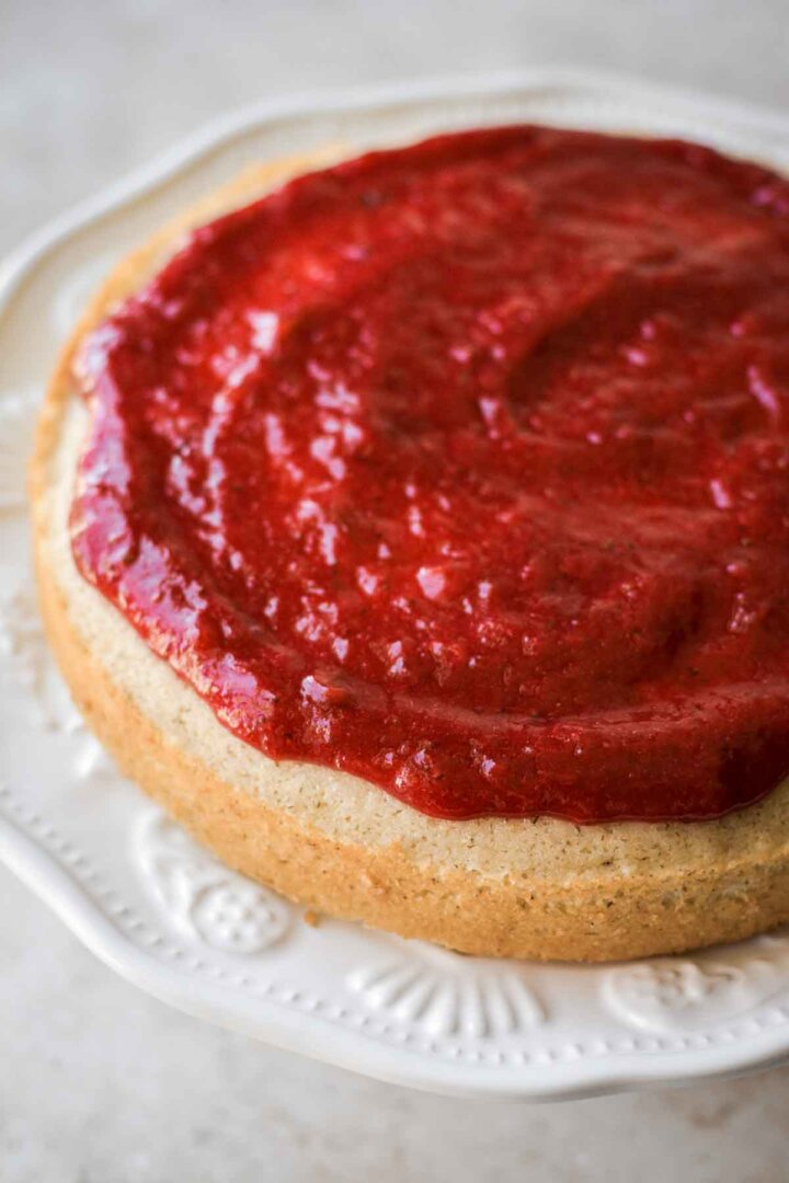 Strawberry rhubarb compote, spread over a layer of cake.