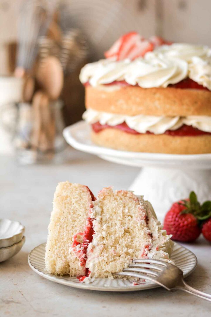Slice of strawberry chamomile cake.