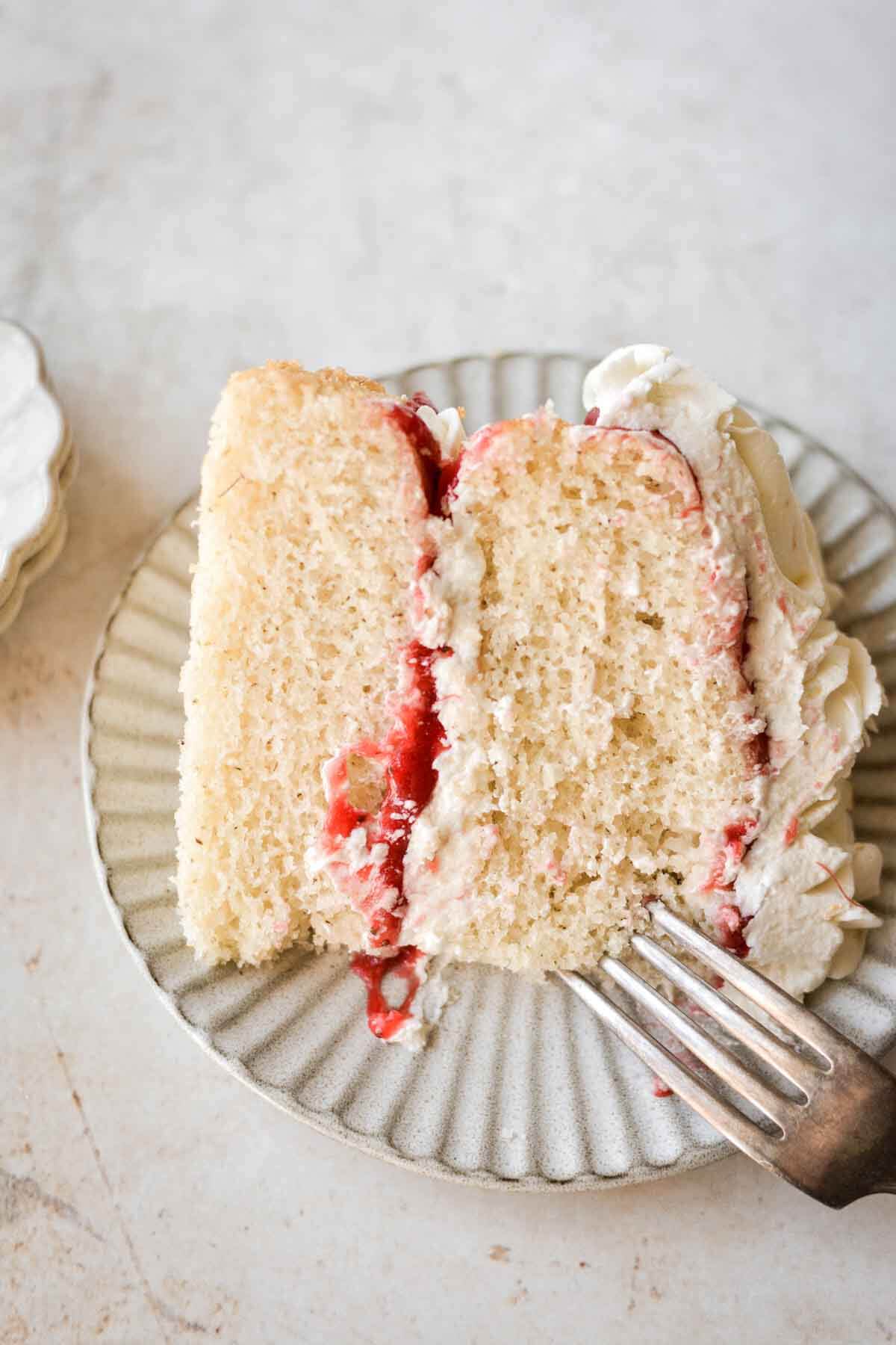 Slice of strawberry chamomile cake.