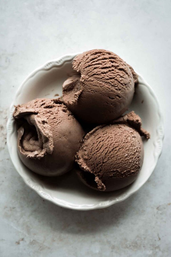 Scoops of chocolate ice cream in a bowl.