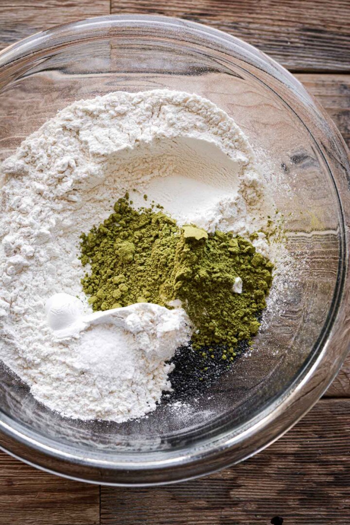 Match powder in a bowl of flour and other dry ingredients.