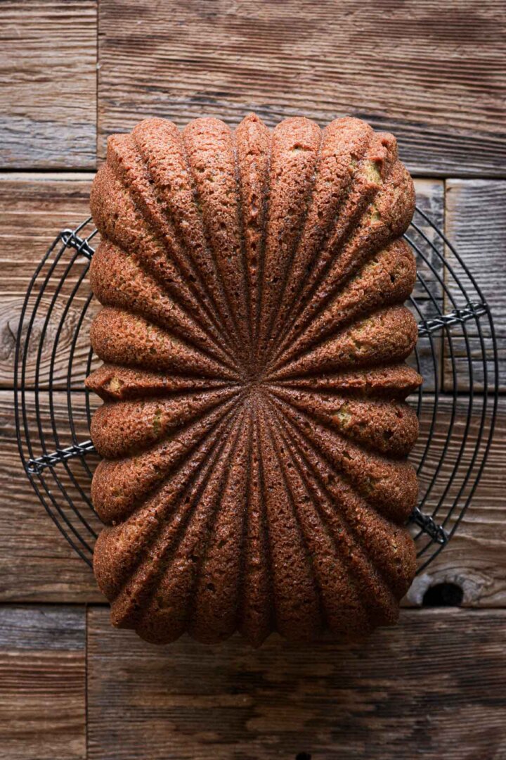 Loaf cake on a cooling rack.