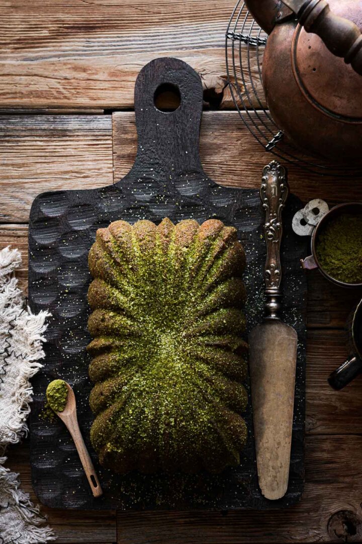 Matcha loaf cake, sprinkled with green sugar.