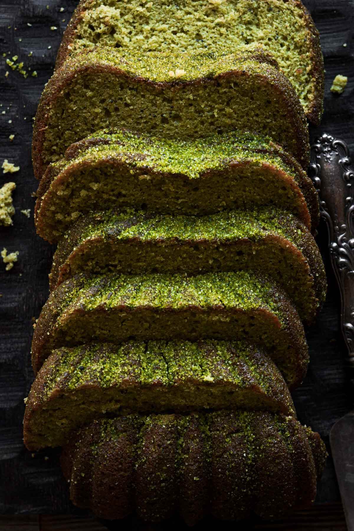 Slices of matcha cake.