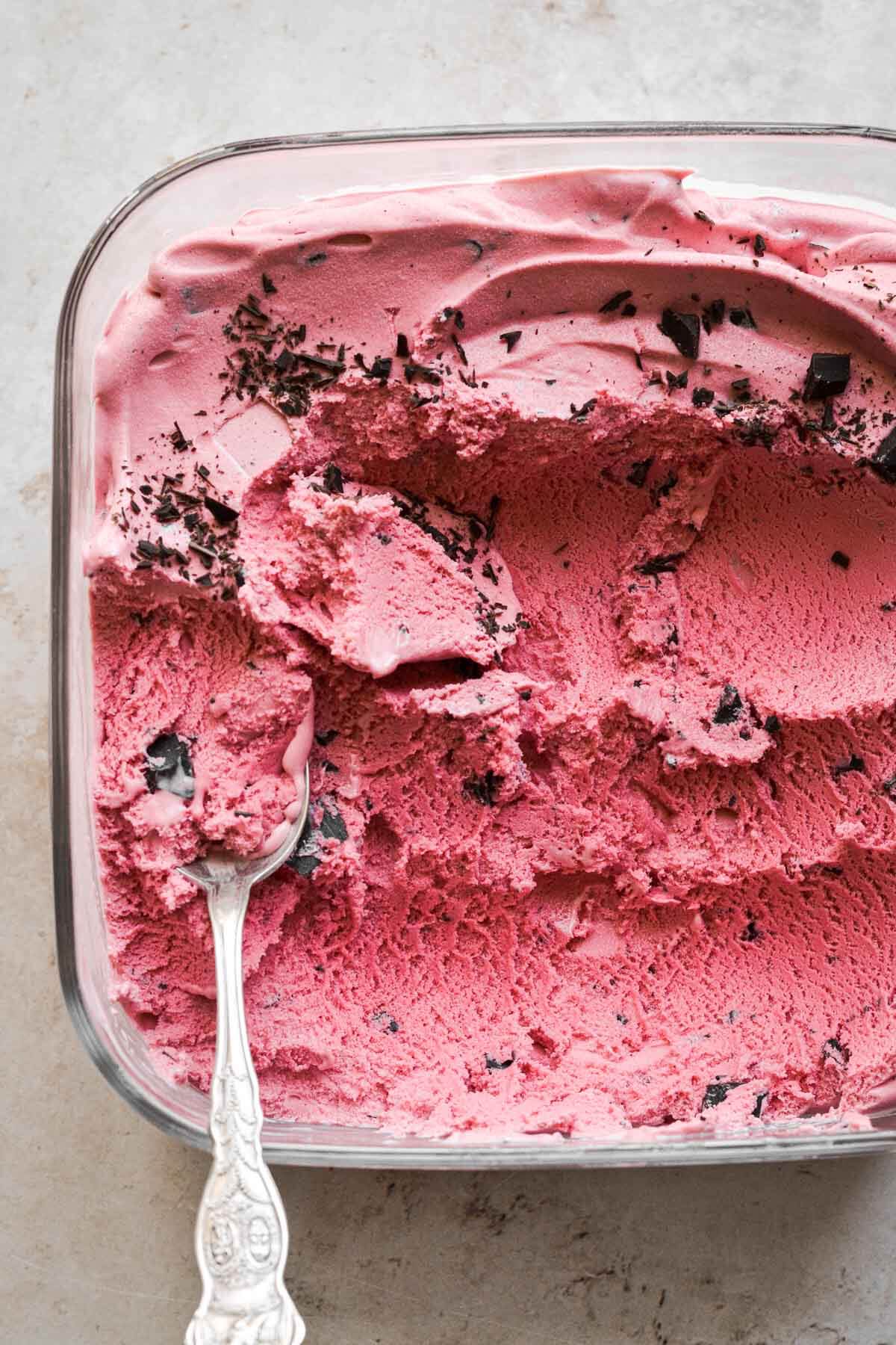 Homemade raspberry chocolate chunk ice cream.