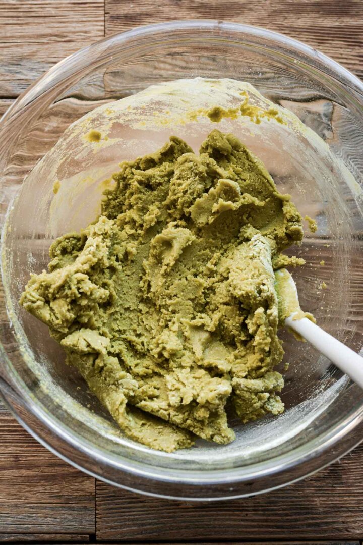 Step 5 for making matcha chocolate chip cookies - green dough.