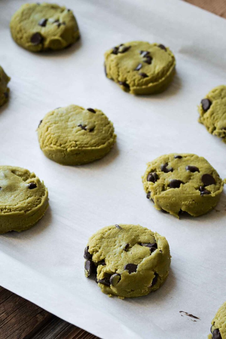 Step 8 for making matcha chocolate chip cookies - unbaked cookies.