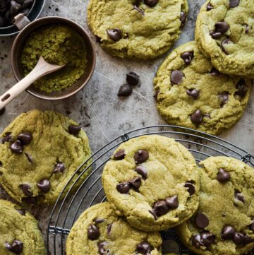 Matcha chocolate chip cookies on a baking sheet.