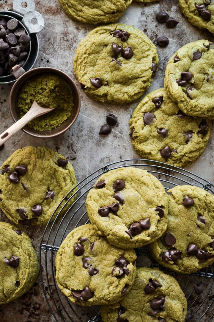 Matcha chocolate chip cookies on a baking sheet.