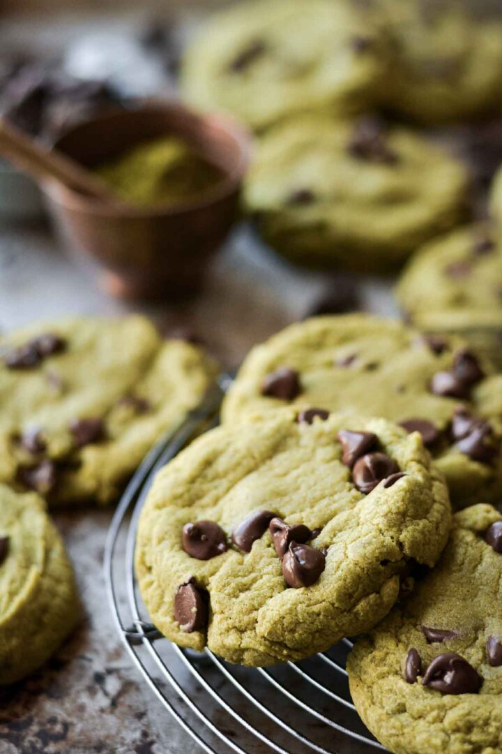 Matcha chocolate chip cookies on a baking sheet.