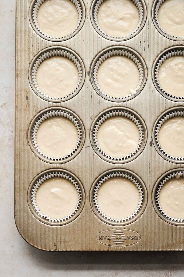 Step 4 for making vanilla cupcake batter - cupcakes ready to bake.