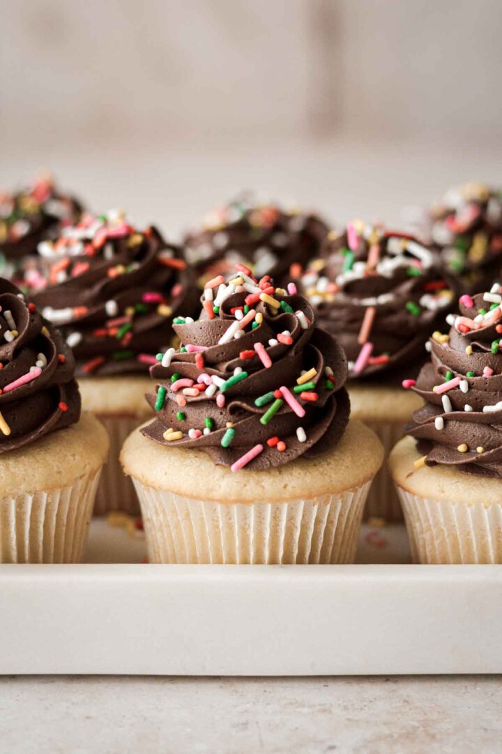 Vanilla birthday cupcakes with chocolate buttercream and sprinkles.