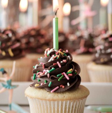 A birthday cupcake with sprinkles and a candle.