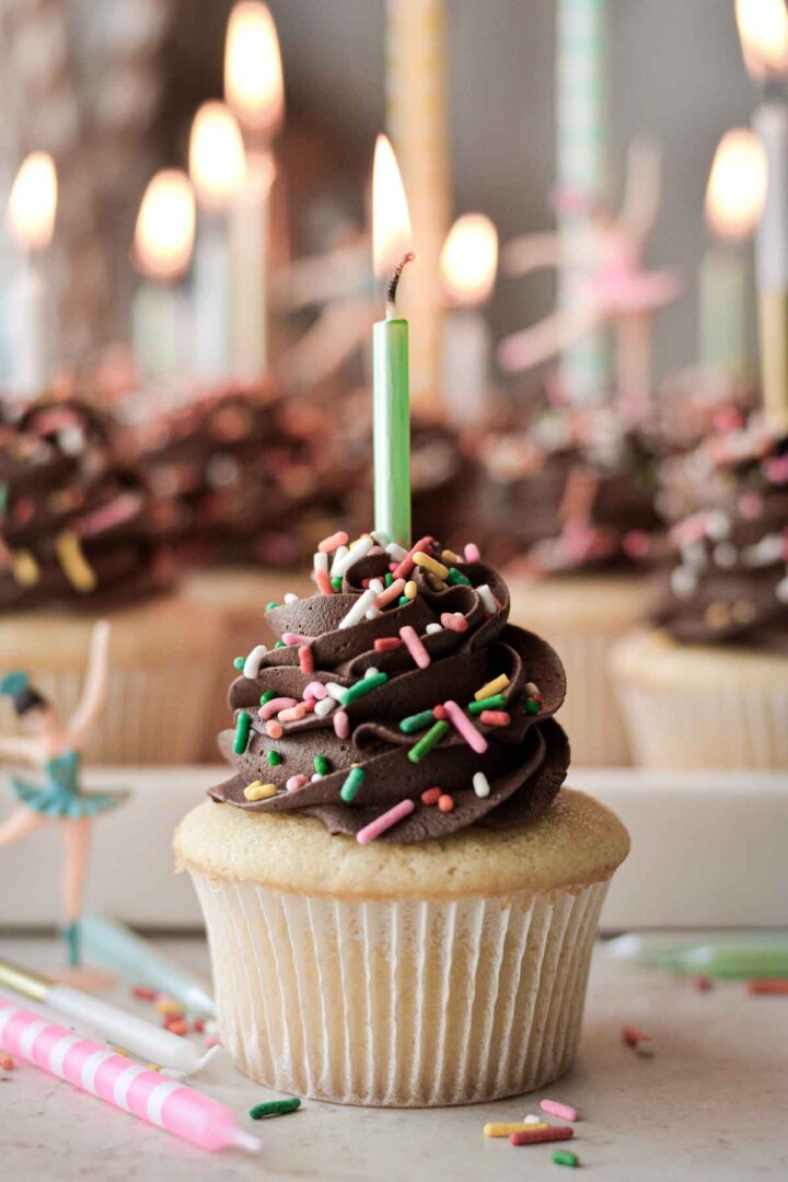 A birthday cupcake with sprinkles and a candle.