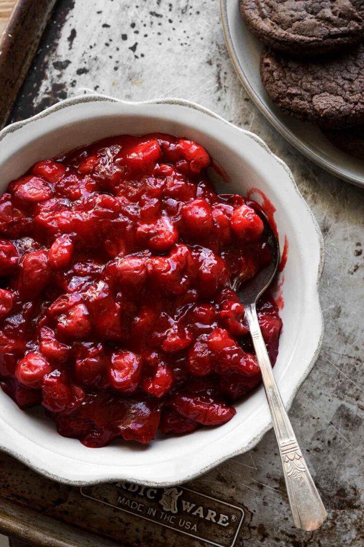 Bowl of cherry pie filling.
