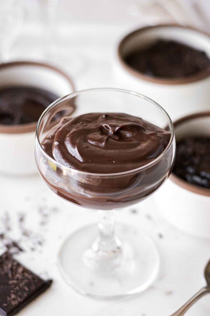 Dark chocolate pudding in a glass.