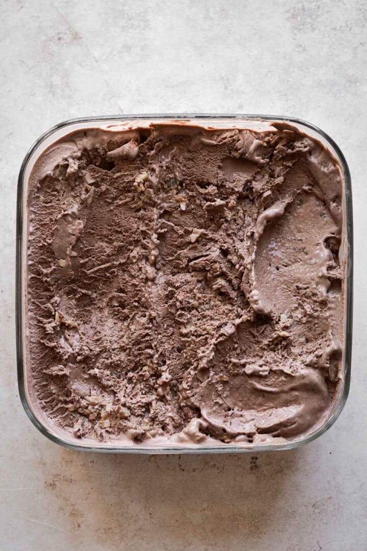 German chocolate ice cream in a glass dish.