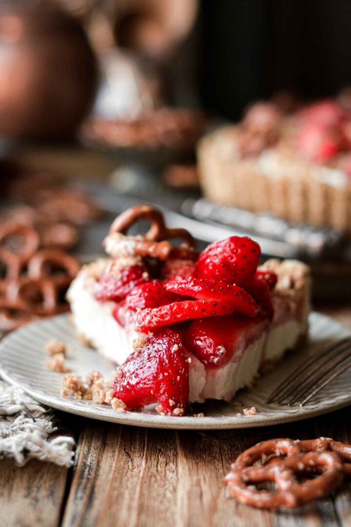 Slice of strawberry pretzel pie.