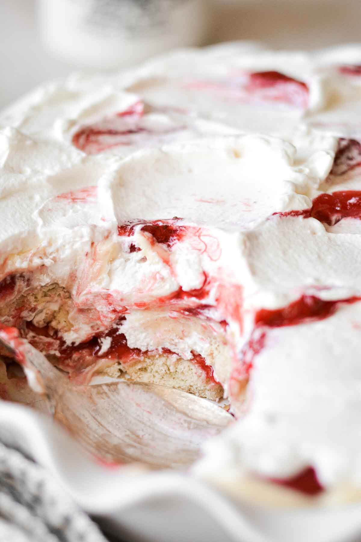 The inside layers of strawberry pudding.
