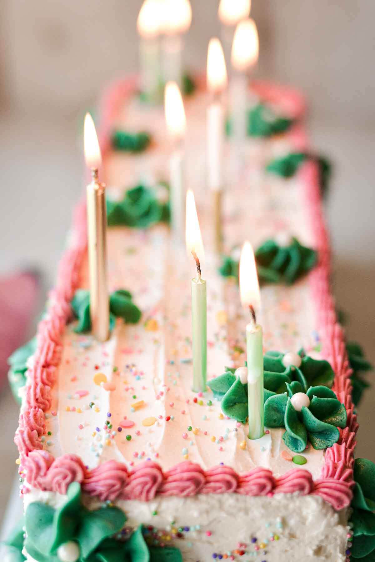 Table runner birthday cake with sprinkles, pink and green buttercream, and birthday candles.