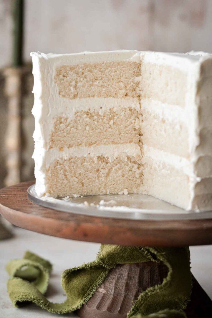 White velvet cake, cut to show the layers inside.