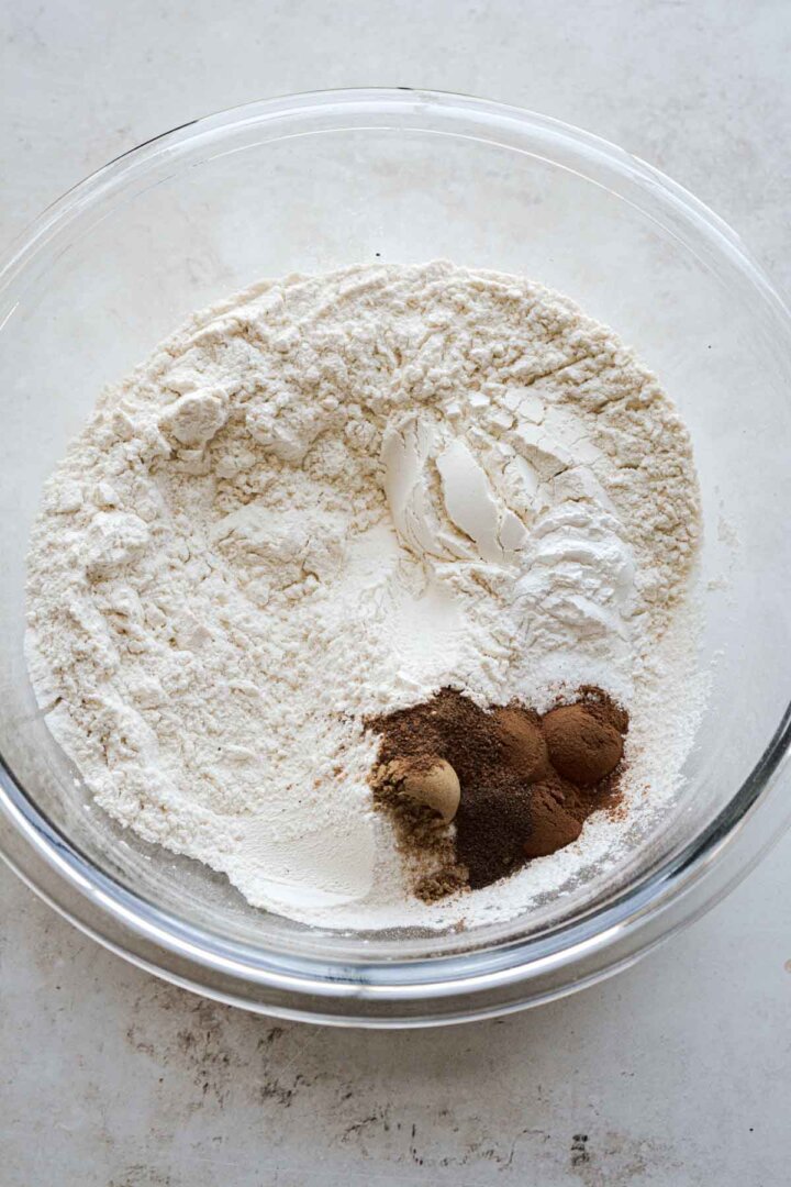 Step 1 for making carrot cake muffins - bowl of dry ingredients.