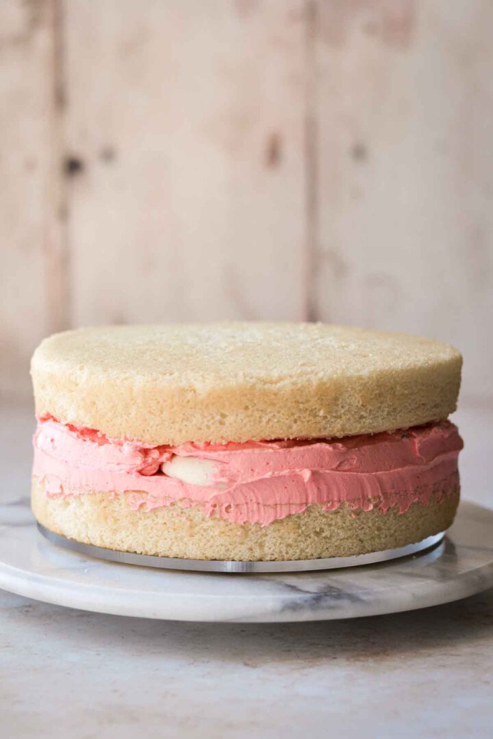 Step 5 for assembling a sugar cookie sprinkle cake - second layer of cake on top.